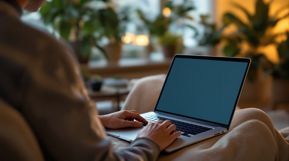 Person mit Laptop im Wohnzimmer beim Aufrufen der Router-Konfiguration