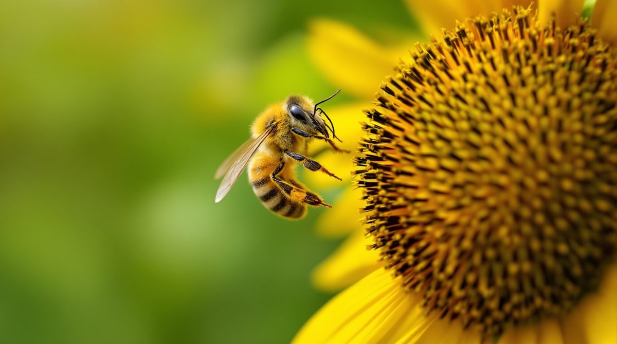 Honigbiene bestäubt eine gelbe Blüte — eines der möglichen Ergebnistiere im Google Quiz zum Tag der Erde 2015