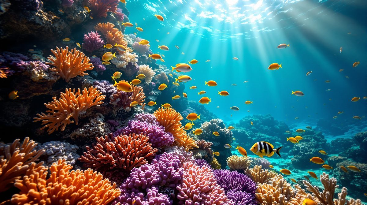 Buntes Korallenriff unter Wasser mit Fischen, Symbol für die Artenvielfalt die das Google Earth-Day-Quiz 2015 thematisierte