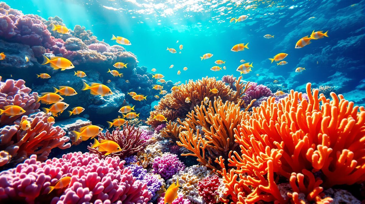 Buntes Korallenriff mit tropischen Fischen unter Wasser