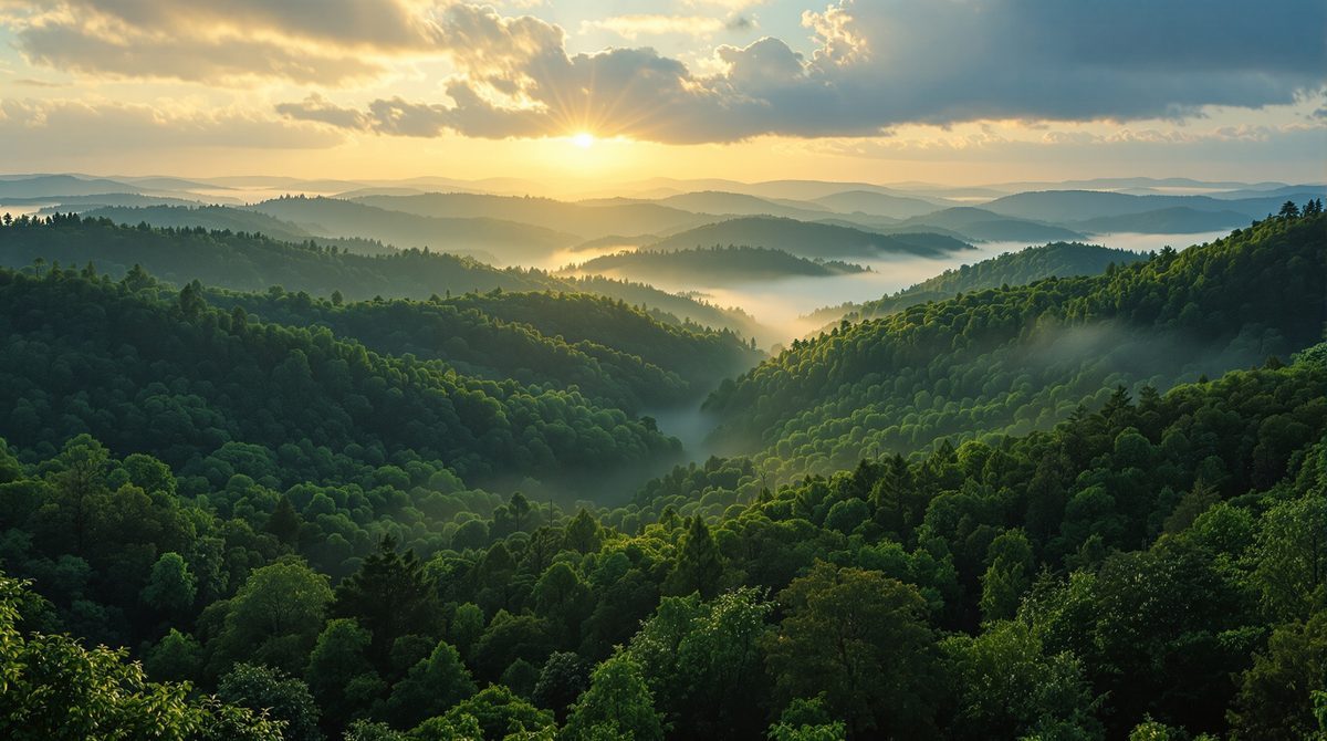 Luftaufnahme eines dichten Waldgebiets mit Morgennebel