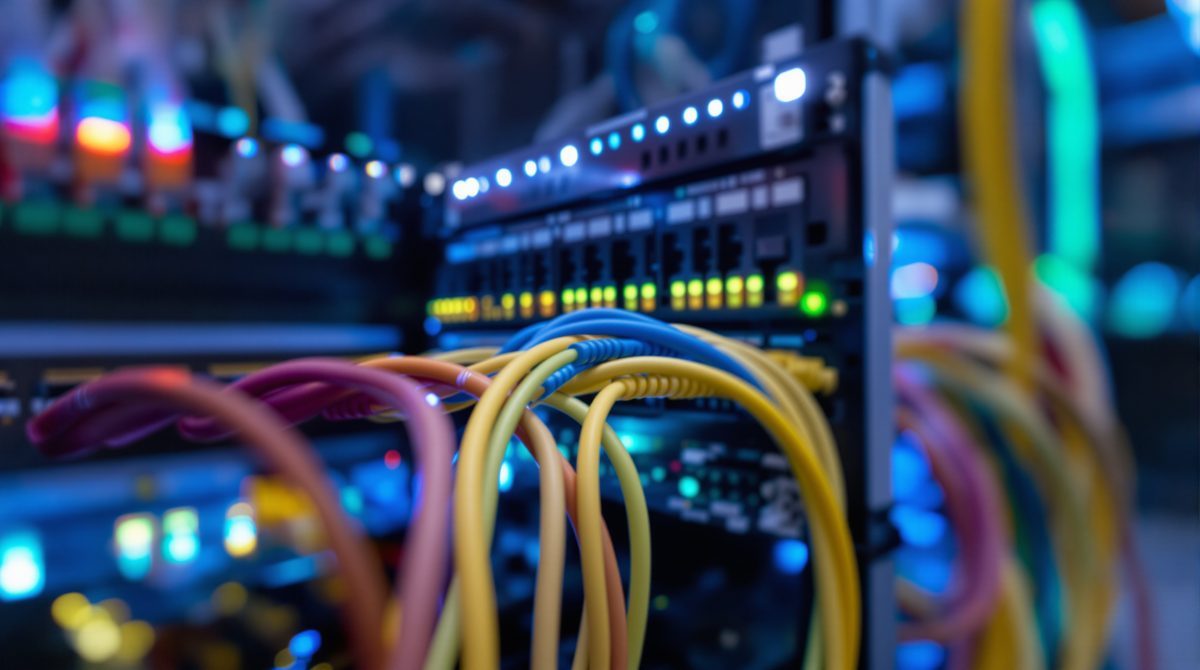 Netzwerk-Patchfeld mit bunten Ethernet-Kabeln in einem Serverraum