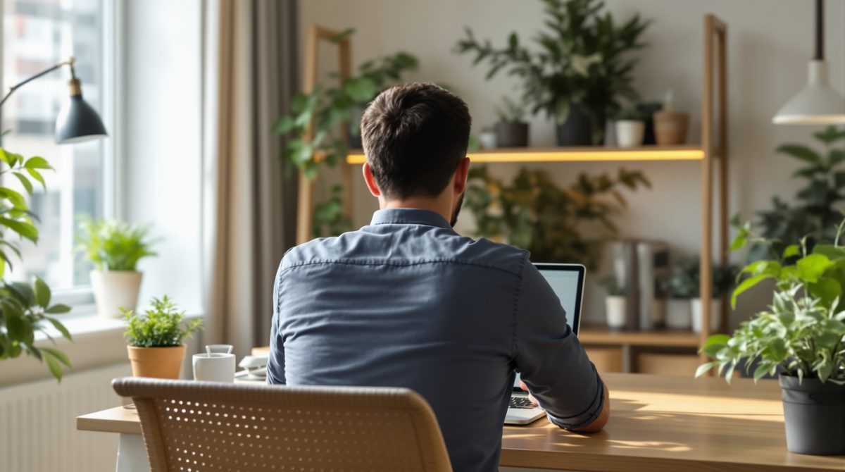 Person von hinten am Laptop in einem hellen Homeoffice