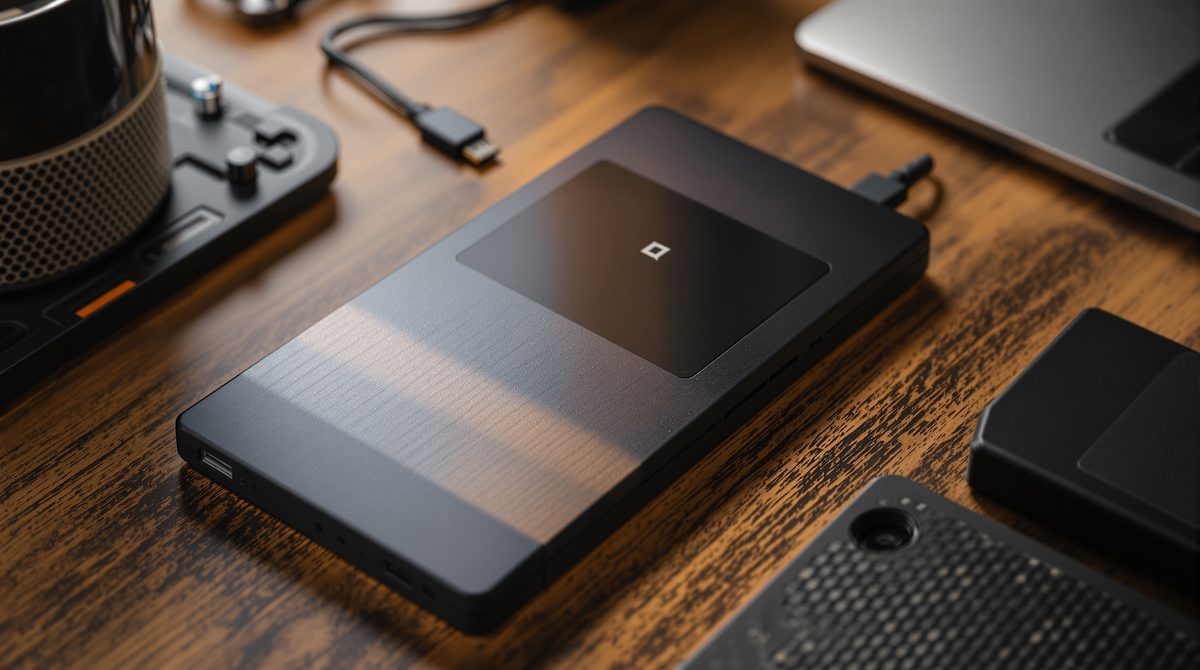 Externe Festplatte und USB-Stick auf einem Holztisch