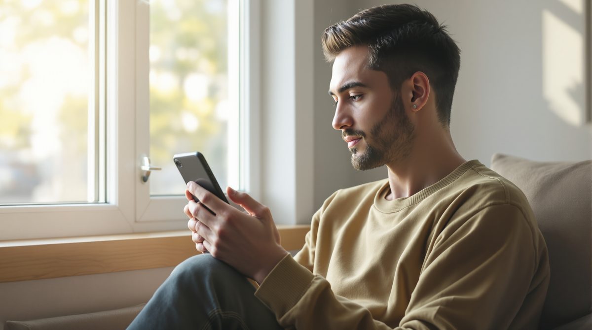 Person am Fenster hält Smartphone mit abgewandtem Display