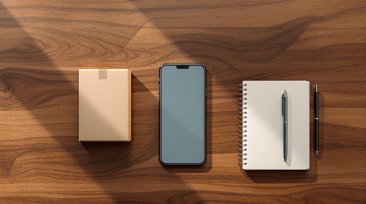 Smartphone, Paket und Notizbuch auf einem Holztisch