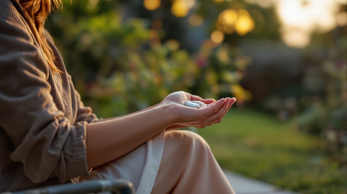 Person cremt sich auf der Gartenterrasse in der Abenddämmerung den Unterarm ein
