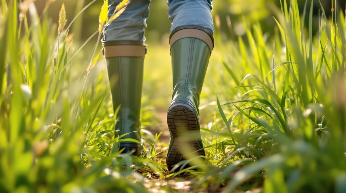 Person in Gummistiefeln geht durch hohes Gras im Sommergarten