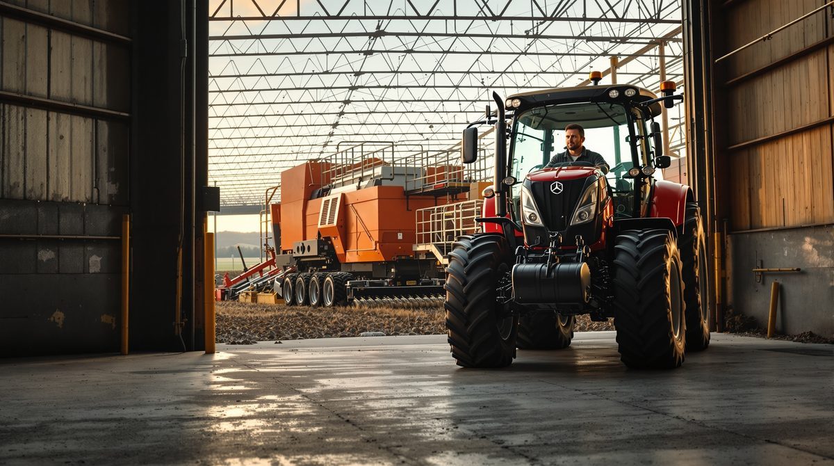 Traktor fährt in eine landwirtschaftliche Maschinenhalle aus Stahl