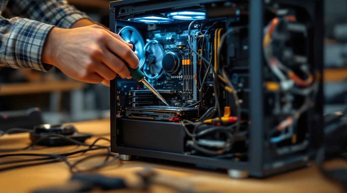 Hände mit Schraubenzieher bei der Arbeit an einem geöffneten PC-Gehäuse