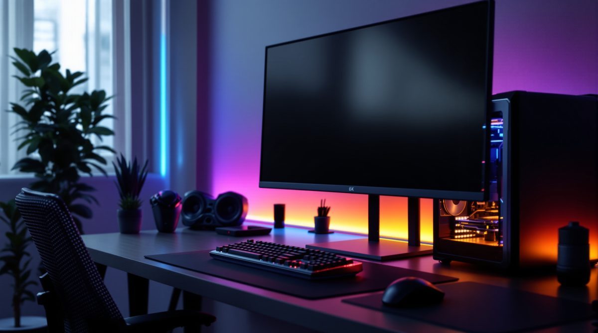 Gaming-Schreibtisch-Setup mit PC-Tower und dunklem Monitor von der Seite