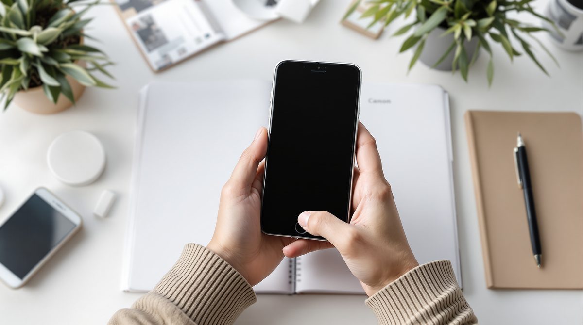 Hand hält Smartphone über Terminkalender ohne lesbare Einträge, natürliches Tageslicht