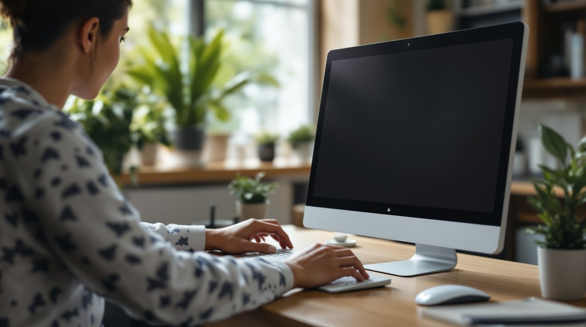 Person am Desktop-Computer mit datenschutzorientiertem Browser und ruhiger Arbeitsatmosphäre