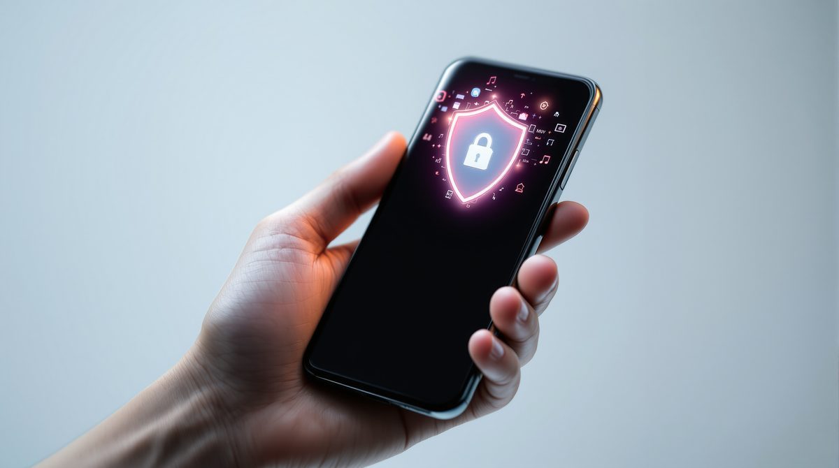 Smartphone mit Schutzschild-Symbol als Werbeblocker-Metapher