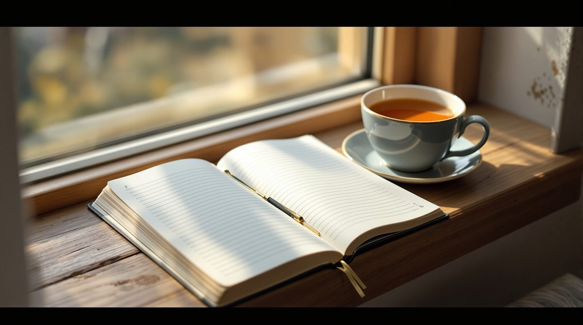 Notizbuch und Teetasse auf einer Fensterbank als Symbol für Reflexion und Selbstfürsorge