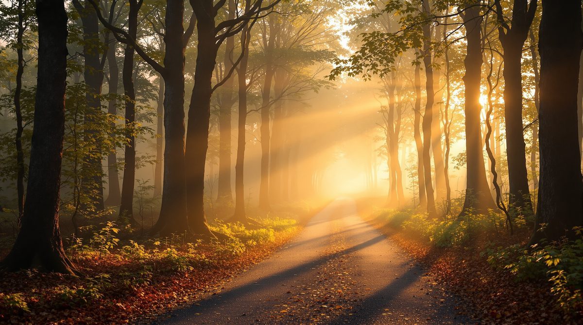 Ruhiger Waldweg im Morgenlicht als Symbol für Neuanfang und Verarbeitung nach einer Trennung