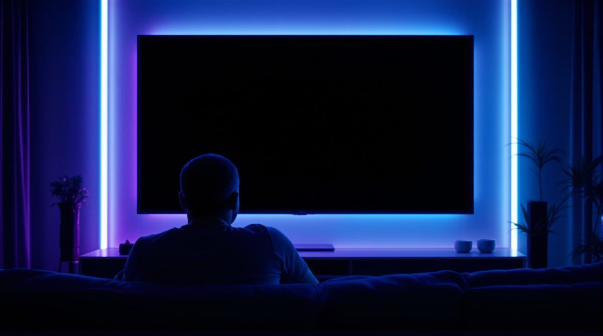 Person von hinten auf dem Sofa vor Fernseher mit farbigem Neon-Ambiente