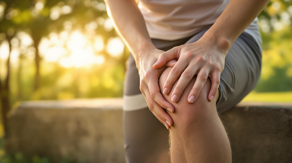 Person massiert Knie bei Gelenkbeschwerden im Freien