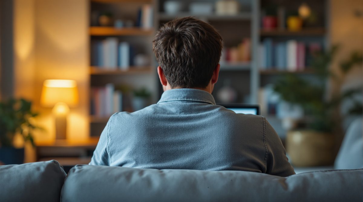 Person von hinten mit Laptop auf dem Sofa – WLAN-Nutzung im Heimnetz