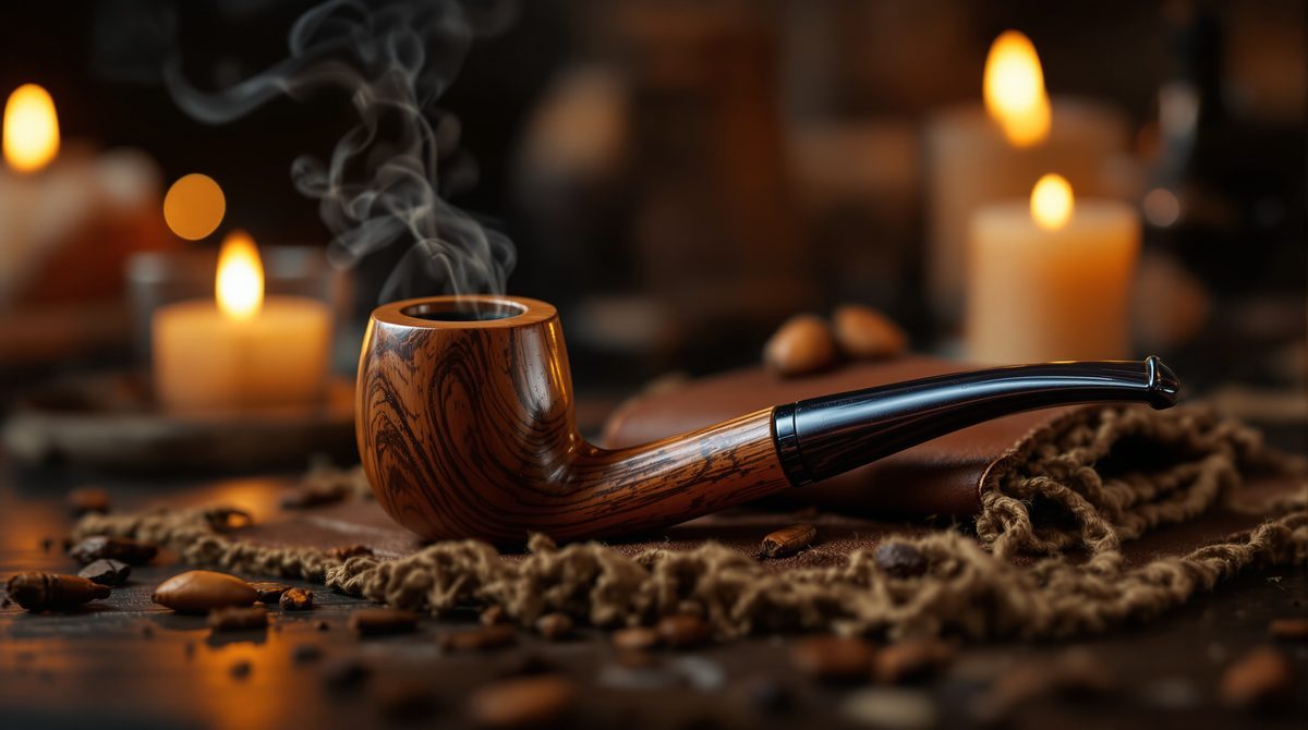 Traditionelle Tabakpfeife aus Holz mit Ledertabakbeutel auf dunklem Holztisch
