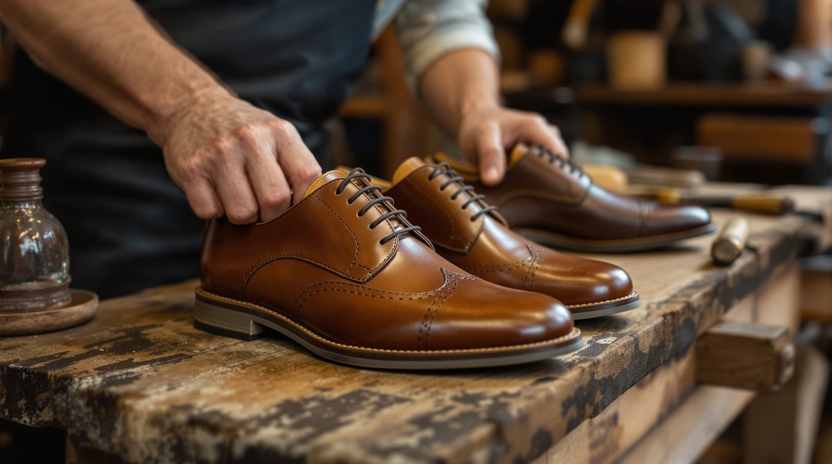 Rahmengenähte Lederschuhe auf einer Werkbank mit Holzleisten und Handwerkzeug