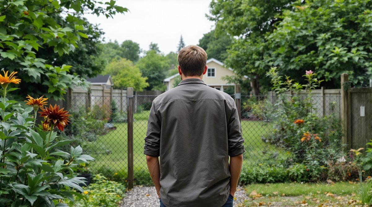 Person von hinten an offenem Grundstücksrand ohne Zaun