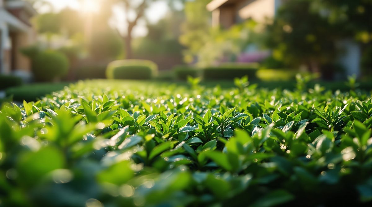 Niedrige Hecke als Grundstücksgrenze im Morgenlicht