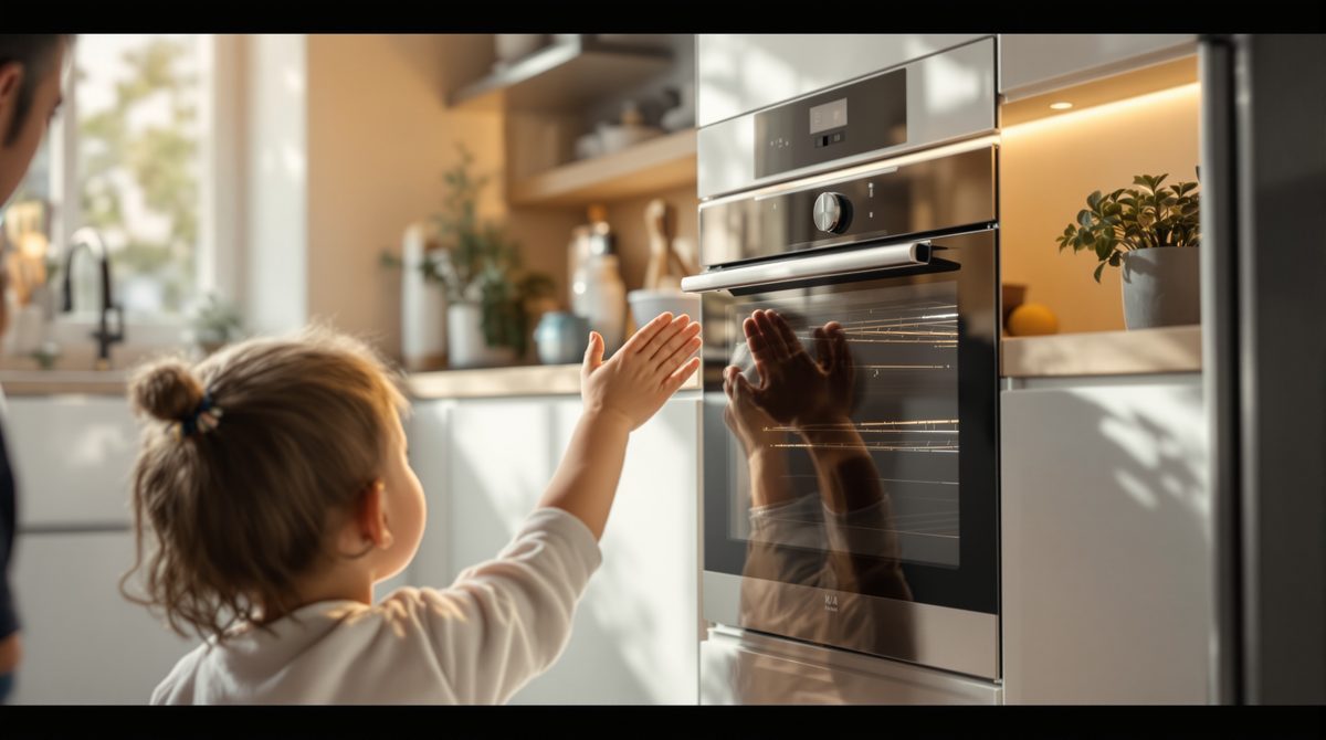Kind greift in Richtung eines Backofens, Erwachsenenhand stoppt es - Kindersicherung am Herd als Schutz im Alltag