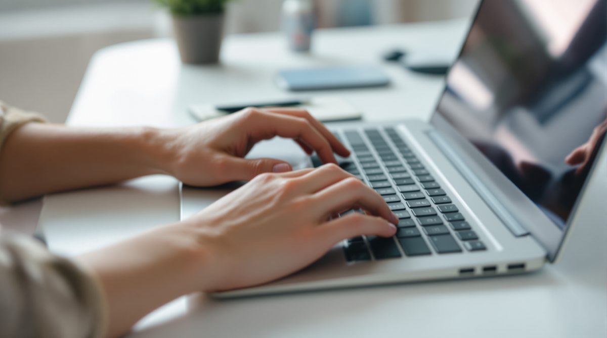 Hände an einem Laptop ohne sichtbaren Bildschirm als Symbol für eine wartende Online-Zahlung