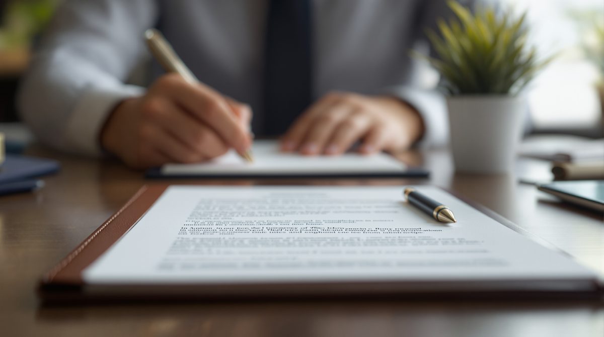 Notarbürotisch mit geschlossenem Lederordner und Kugelschreiber als Symbol für Grundschuldbestellung