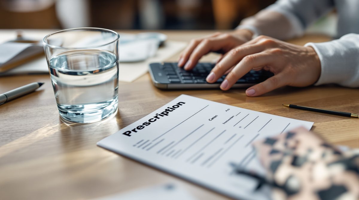 Hände an einer Tastatur neben Rezeptblock und Wasserglas — digitale Kommunikation im Gesundheitswesen