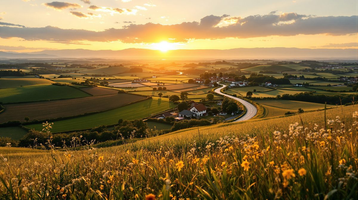 Ländliche Dorfansicht bei Abendsonne, Sinnbild für den erleichterten Zugang zur Gesundheitsversorgung auf dem Land