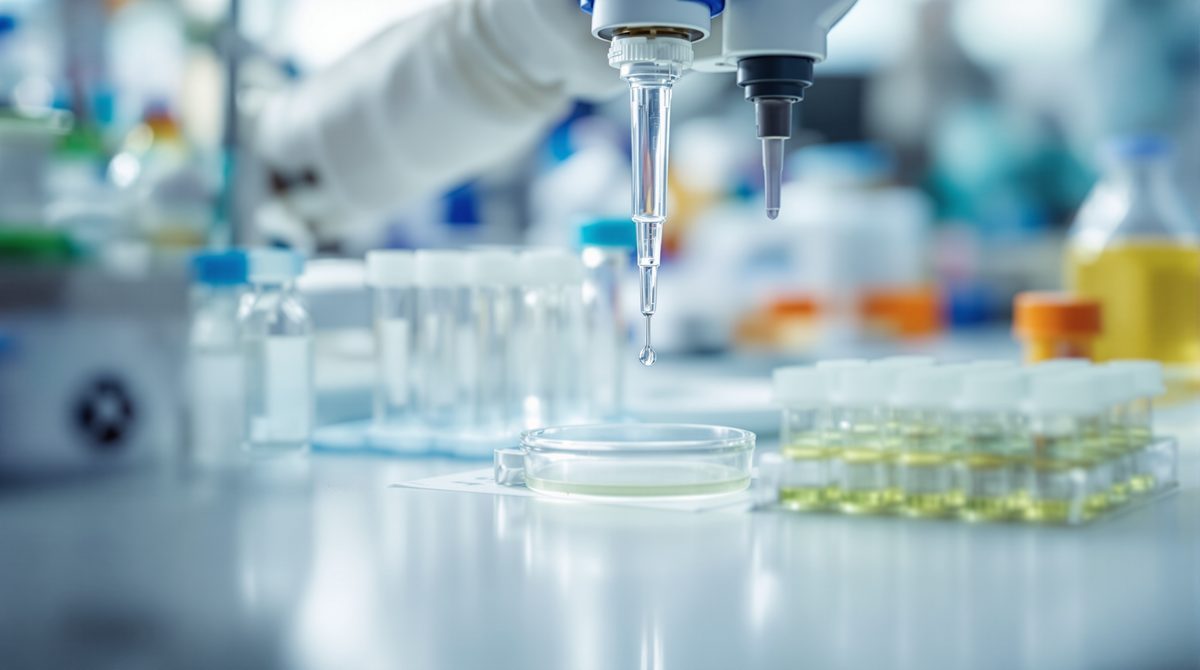 Laborarbeitsplatz mit Pipette und leeren Probenröhrchen ohne Beschriftung