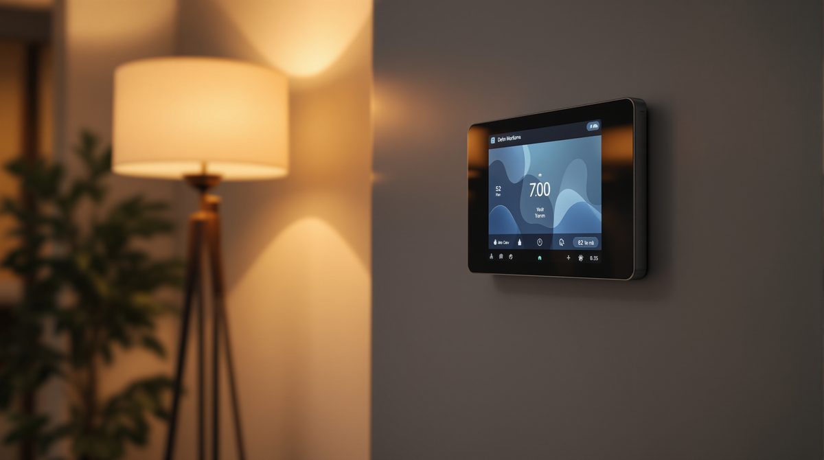 Smart-Home-Bedienpanel an der Wand neben gedimmter Stehlampe