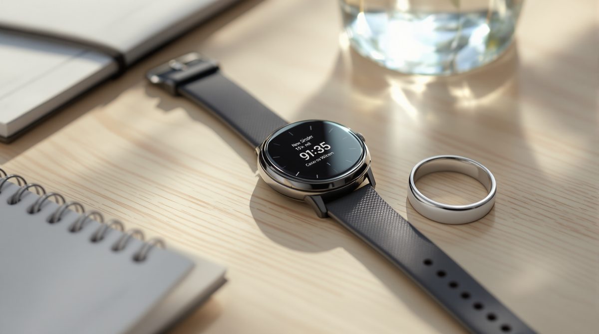 Smartwatch und smarter Ring auf einem hellen Schreibtisch