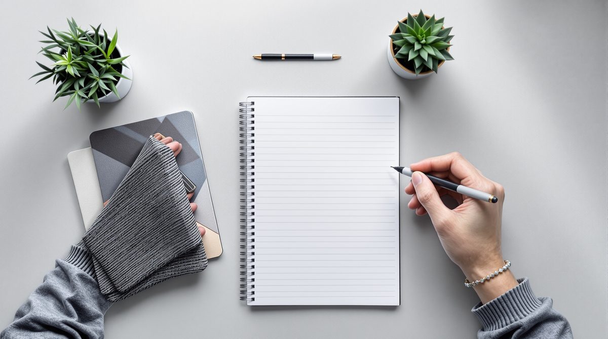 Flatlay mit Notizbuch, Stift und Smartphone als Symbol für die Planung von Blog-Inhalten