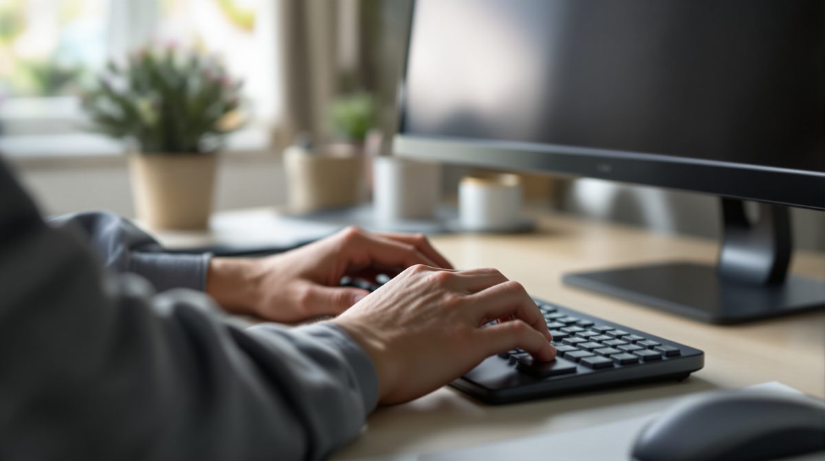 Hände beim Tippen auf einer Tastatur von oben, Bildschirminhalt nicht sichtbar