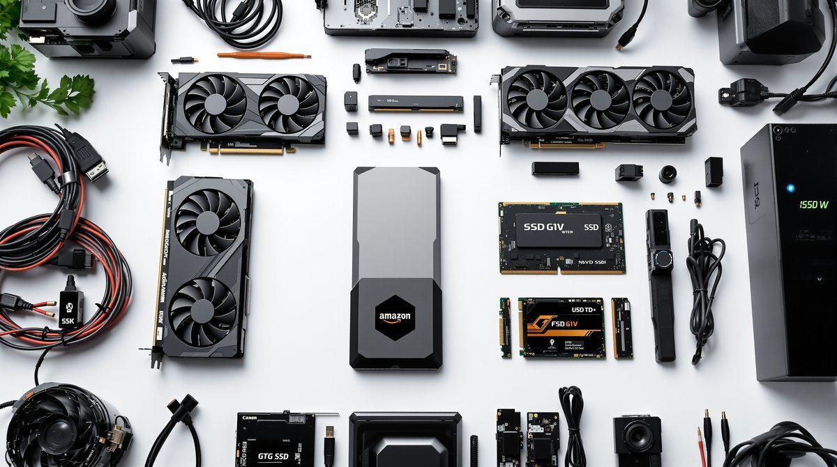 Verschiedene Computer-Hardware-Komponenten auf weißem Tisch: Grafikkarte, SSD, RAM und Kabel
