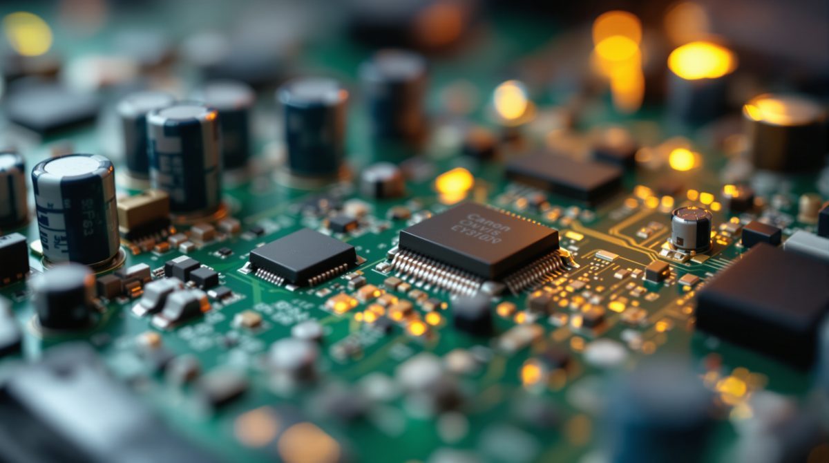 Nahaufnahme einer Computerplatine mit Prozessor und Kondensatoren