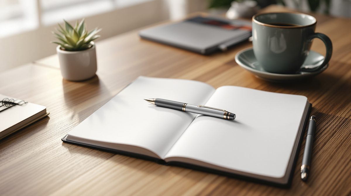 Aufgeräumter Schreibtisch mit Notizbuch und Stift für SEO-Planung und kontinuierliche Arbeit