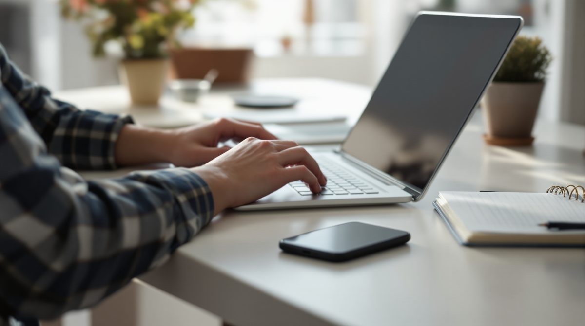 Hände tippen auf einer Laptop-Tastatur bei der Recherche nach einem verfügbaren Domainnamen