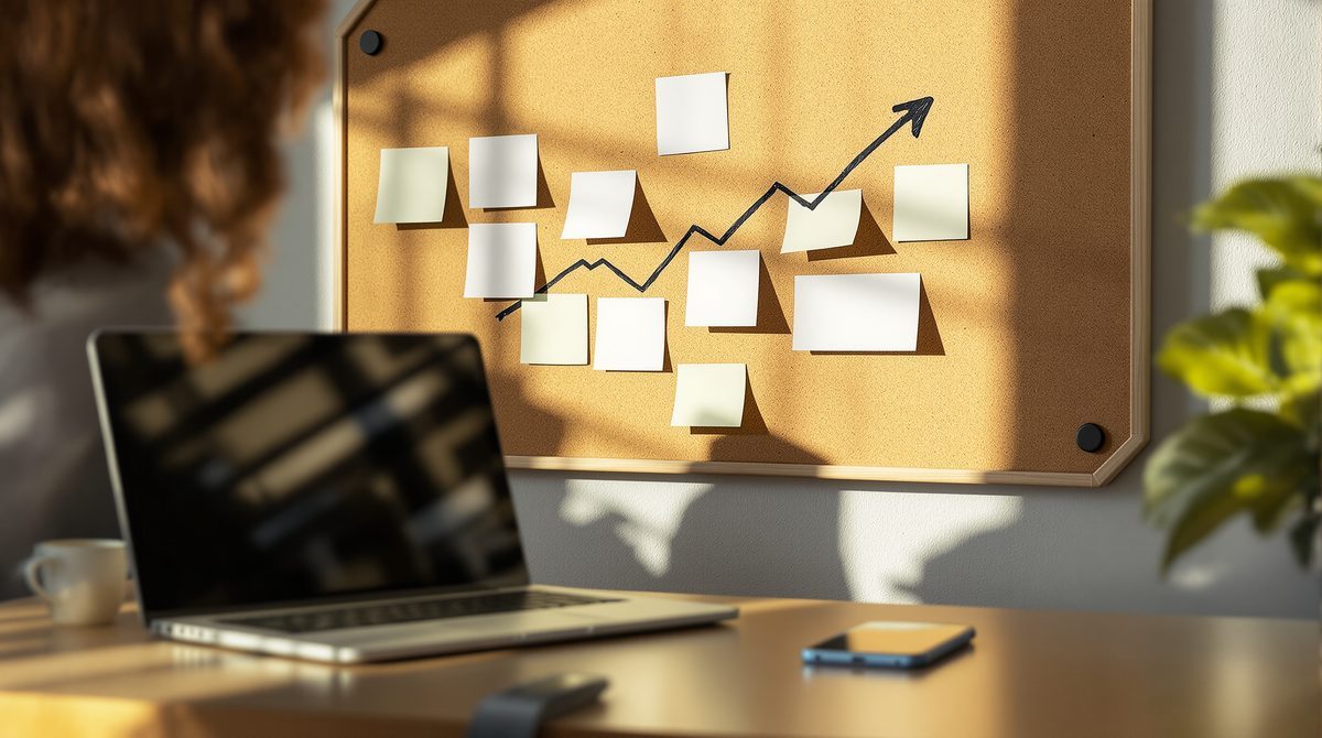 Home-Arbeitsplatz mit Pinnwand und Wachstumssymbol als Sinnbild für einen wachsenden Blog