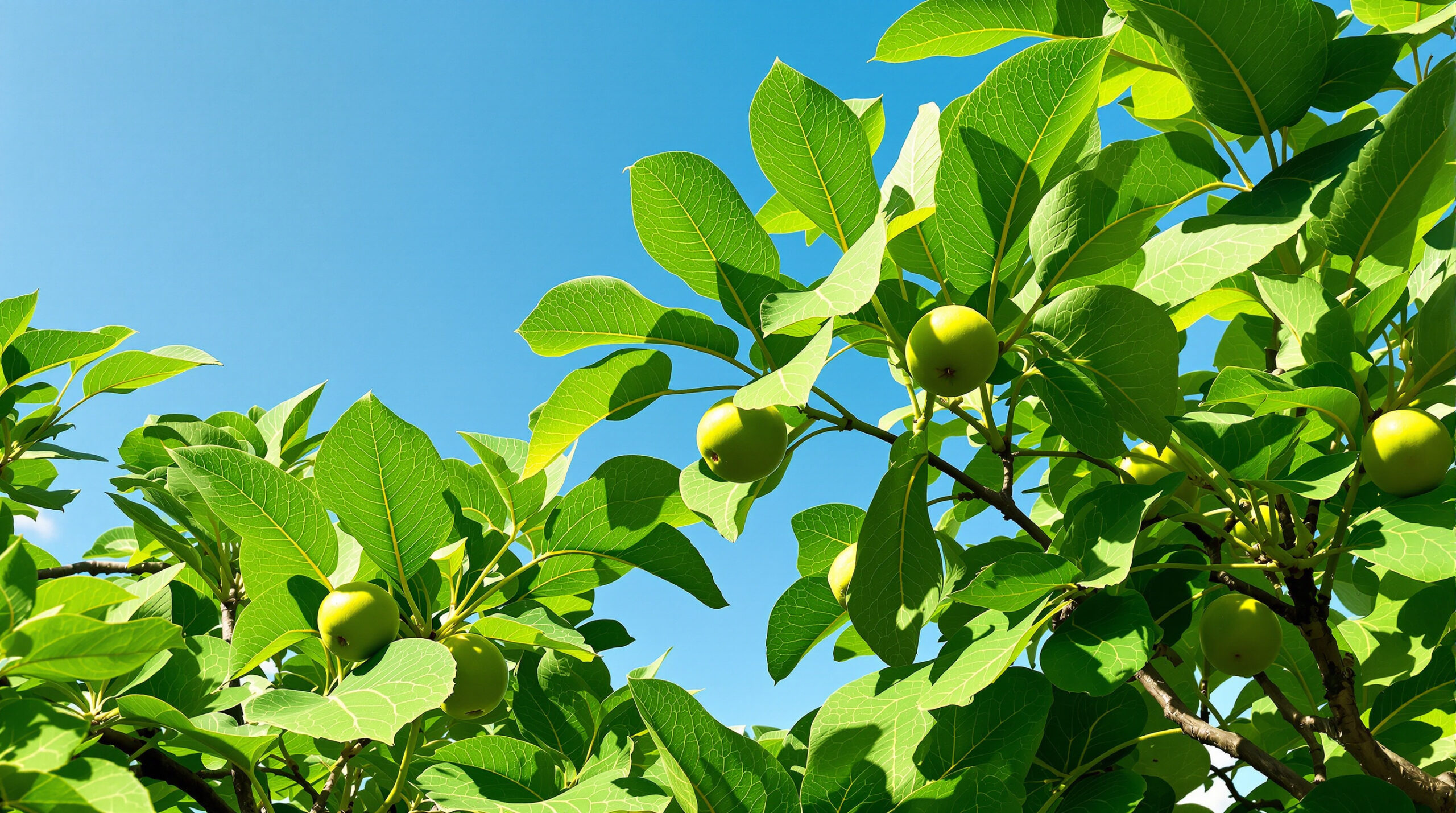 Blätter und unreife Früchte eines Feigenbaums im Garten