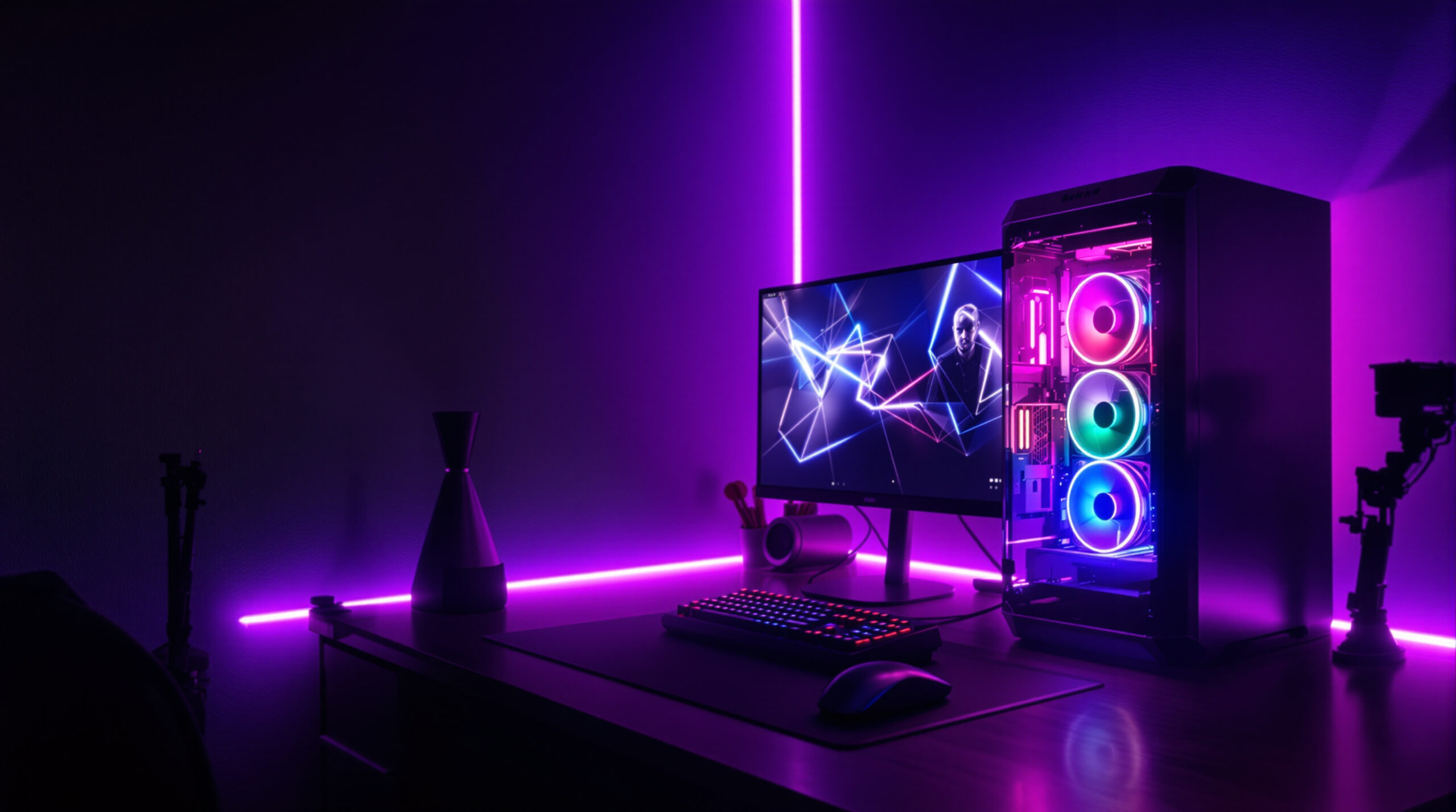 Gaming-Schreibtisch mit RGB-Beleuchtung und PC-Gehäuse im dunklen Raum