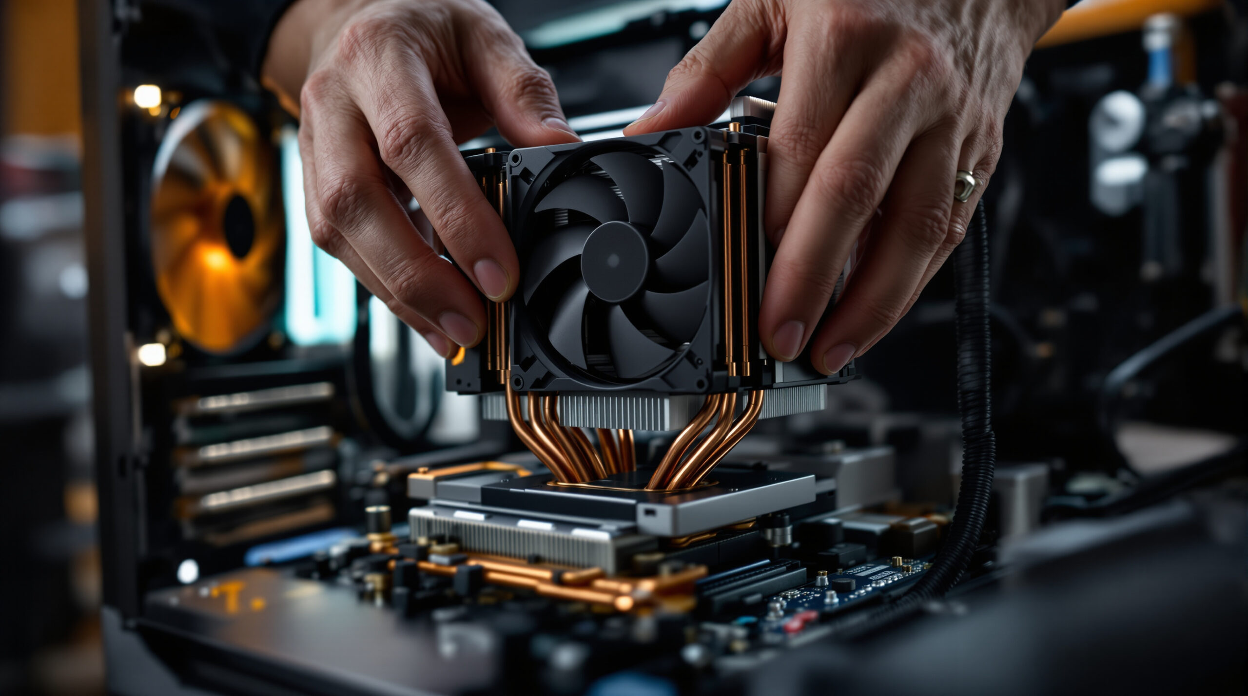 Hände setzen einen Tower-Kühler auf den Prozessor eines Mainboards