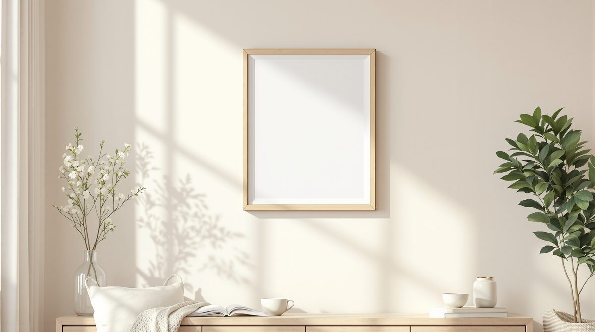 Leerer Bilderrahmen an einer hellen Wand über einer Kommode