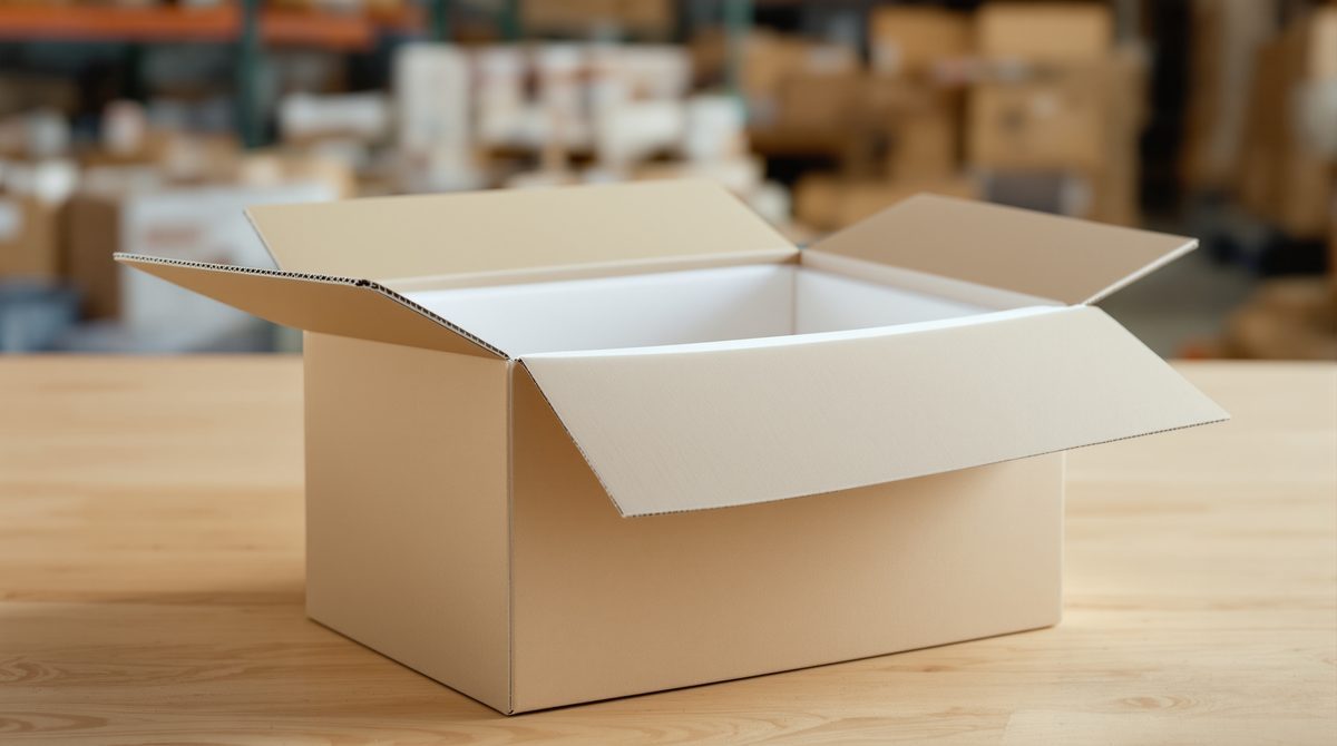 Offene Isolierverpackung aus weißem EPS-Schaumstoff auf einem Holztisch im Lager