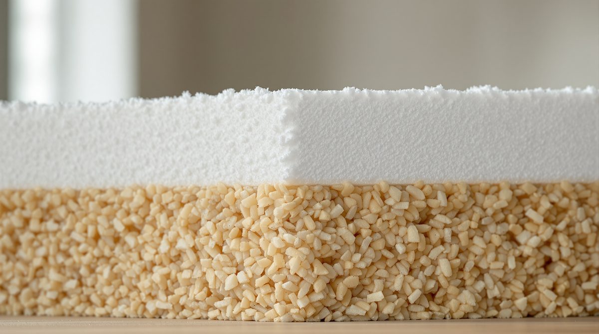 Nahaufnahme von Dämmmaterialien für Isolierverpackungen, Schaumstoff und Naturfaser im Querschnitt