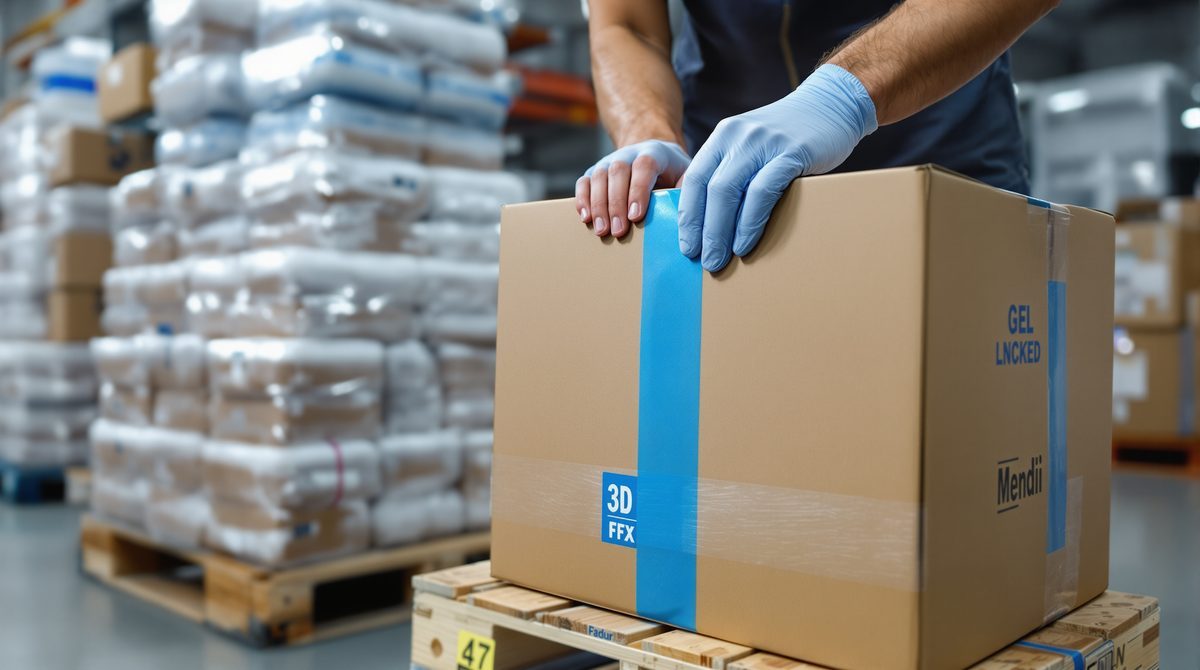 Stapel von Isolierverpackungen mit Kühlelementen auf einer Palette im Lager