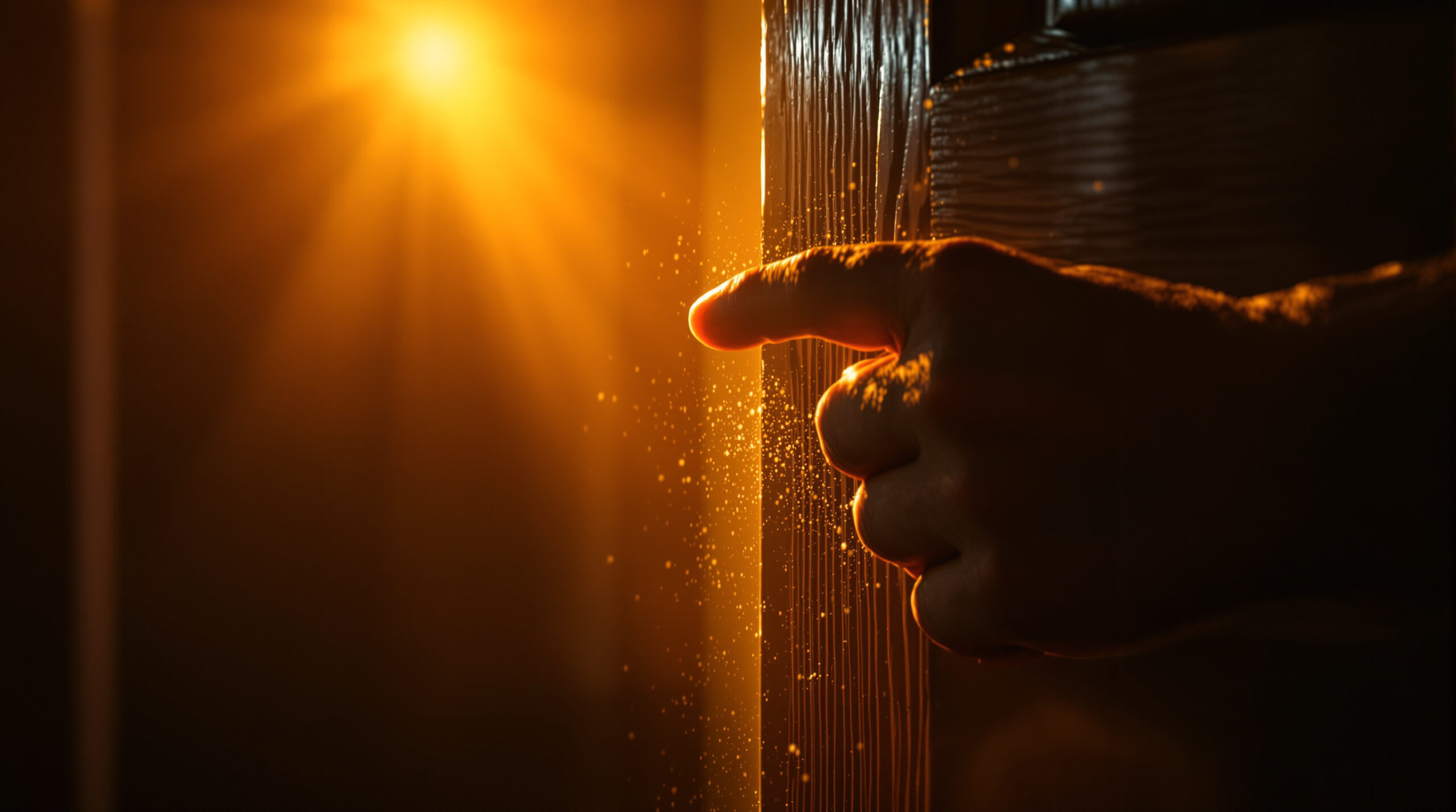 Eine Hand öffnet eine Tür einen Spalt, warmes Licht fällt in einen dunklen Flur
